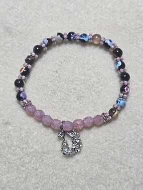 Pink & Black Marbled W/ Pink Faceted Crystal Beads &  Moon Charm